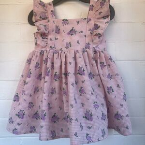 Popatu Pink and Purple Gingham  Floral Kids Dress Size 12 months